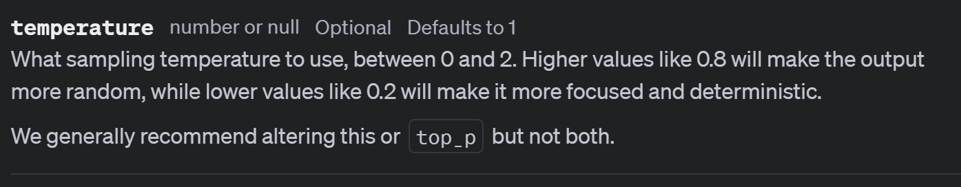 Screenshot from API documentation showing Defaults to 1 for temperature