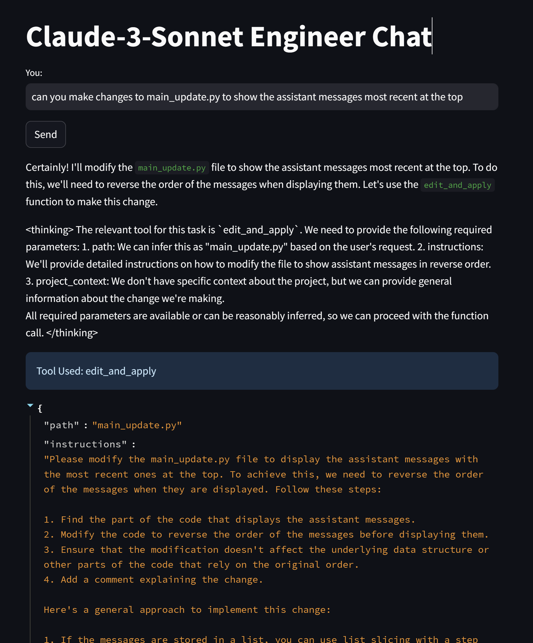 Claude Engineer creating Streamlit app