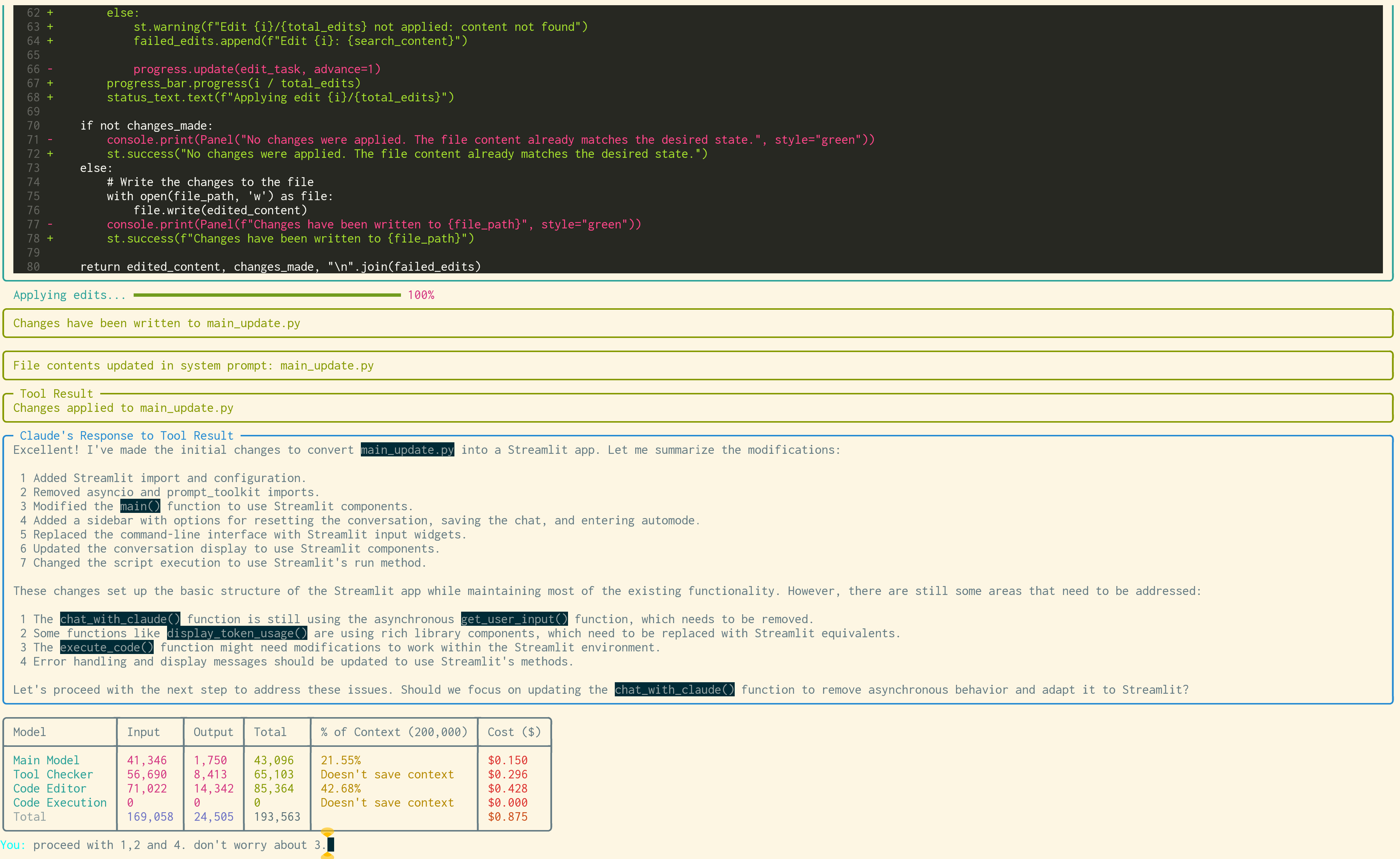 Claude Engineer creating Streamlit app