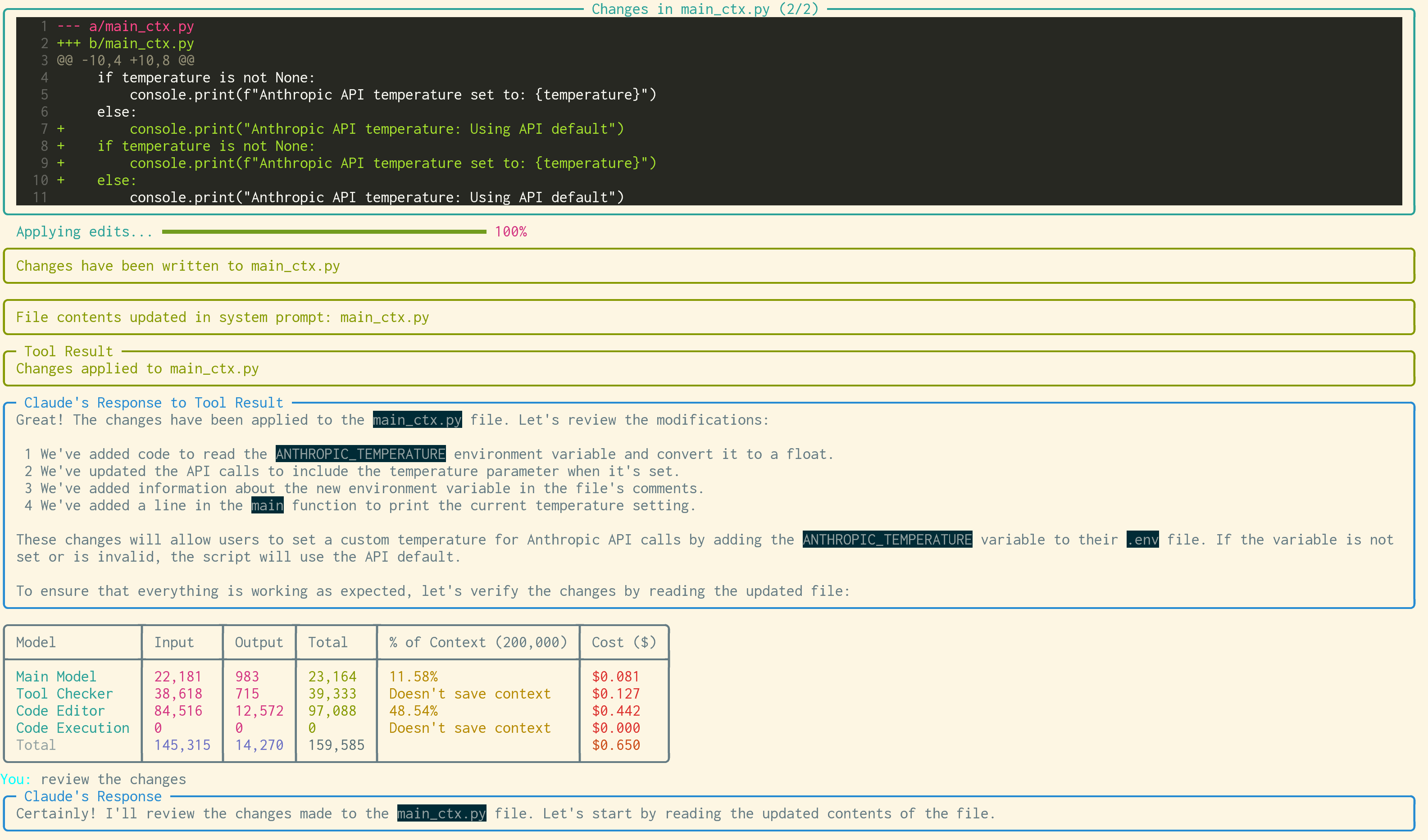 Screenshot of Claude Engineer 2.0 Updating the Temperature